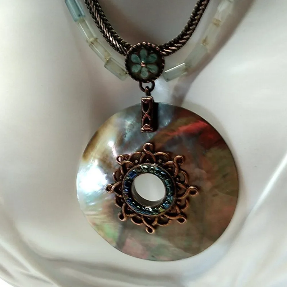 Vintage Avon Copper Abalone Shell Beaded Pendant Necklace